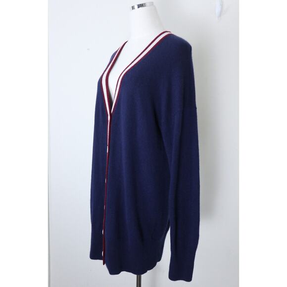 Equipment Size L Cashmere Cardigan Sweater Button Front Navy Red White Stripe - Picture 5 of 12